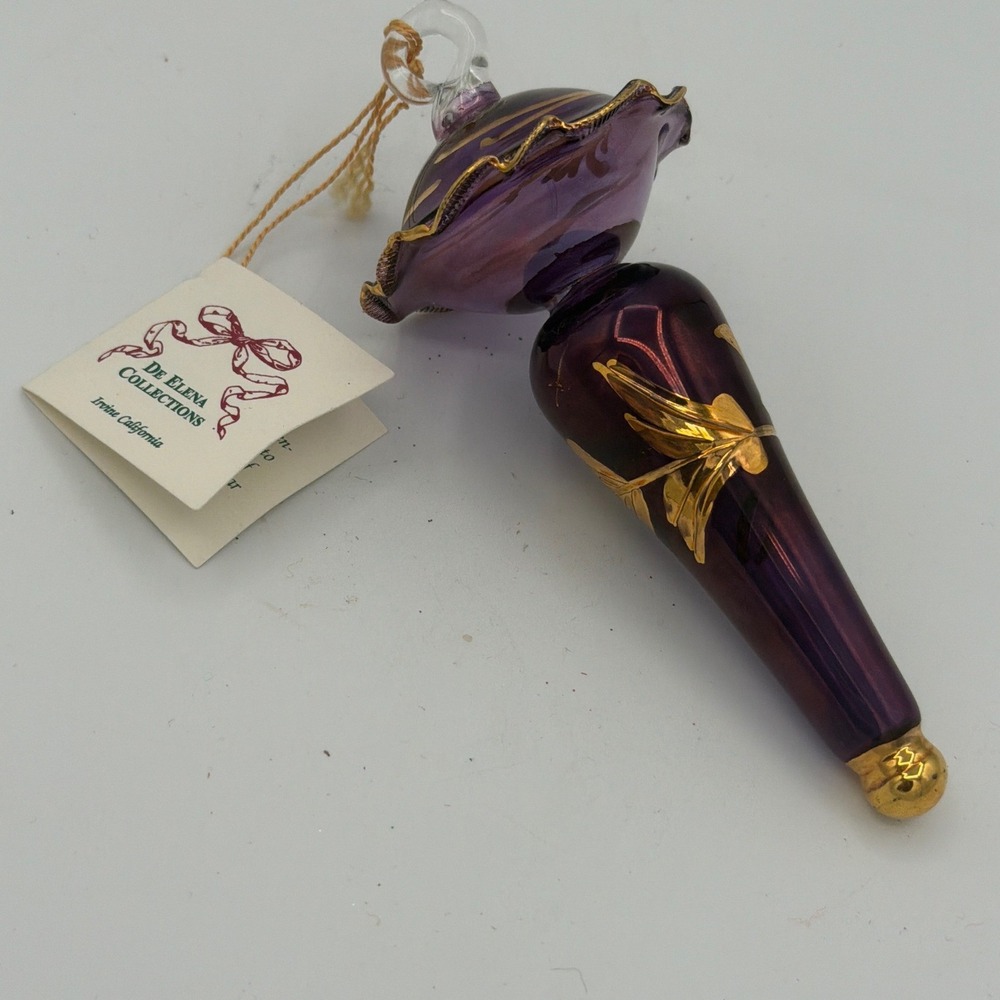 De Elena Collections Egyptian Blown Glass Purple Teardrop Ornament Genuine Gold